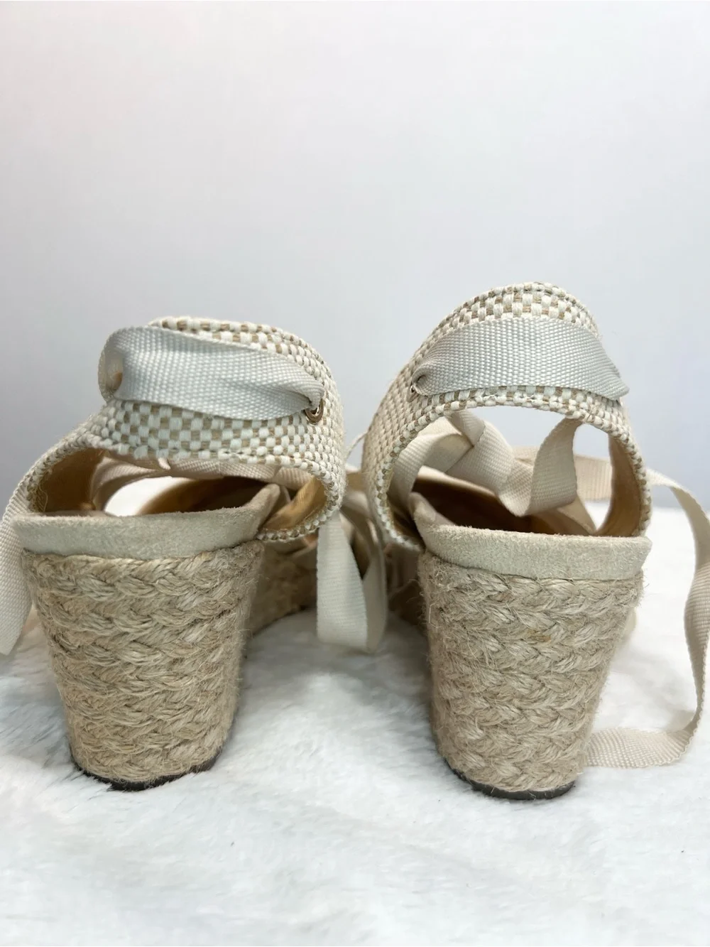 Vionic Aruba Maris Lace-Up Cream Espadrille Wedge Sandals with Ankle Tie sz 7